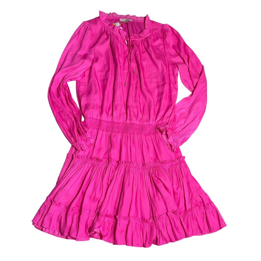 Skies Are Blue NWT Pink Ruffle Neck Tie Long Sleeve Smocked Tiered Dress XS
